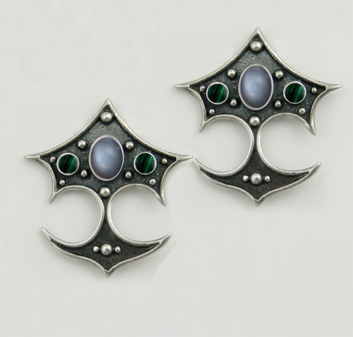 Sterling Silver Gothic Drop Dangle Earrings With Grey Moonstone And Malachite